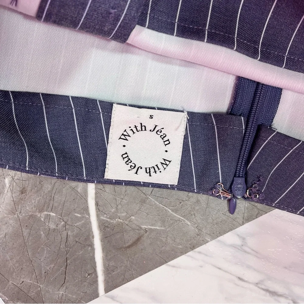 With Jean Navy Pinstripe Mini Skirt with Safety Pin Accents - Picture 2 of 5